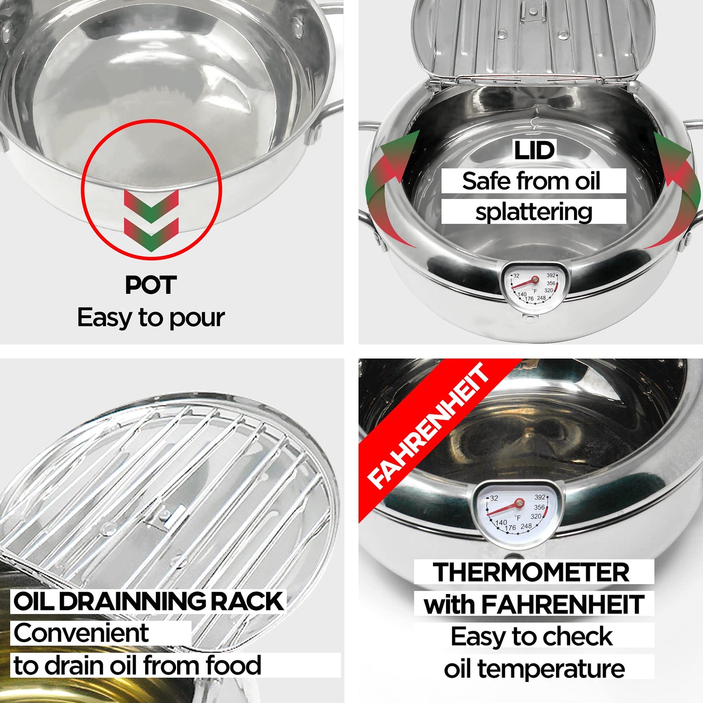 Deep Fryer Pot (°F), Japanese Tempura Small Deep Frying Pot with Fahrenheit Thermometer, 304 Stainless Steel Deep Fryer with Oil Draining Rack for Tempura chips, Fries, Fish, and Chicken