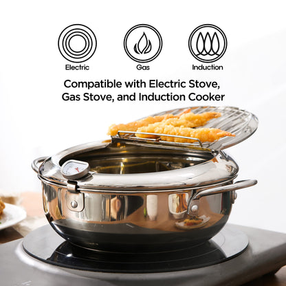 Deep Fryer Pot (°F), Japanese Tempura Small Deep Frying Pot with Fahrenheit Thermometer, 304 Stainless Steel Deep Fryer with Oil Draining Rack for Tempura chips, Fries, Fish, and Chicken