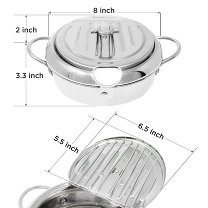 Deep Fryer Pot (°F), Japanese Tempura Small Deep Frying Pot with Fahrenheit Thermometer, 304 Stainless Steel Deep Fryer with Oil Draining Rack for Tempura chips, Fries, Fish, and Chicken