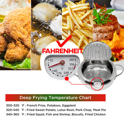 Deep Fryer Pot (°F), Japanese Tempura Small Deep Frying Pot with Fahrenheit Thermometer, 304 Stainless Steel Deep Fryer with Oil Draining Rack for Tempura chips, Fries, Fish, and Chicken