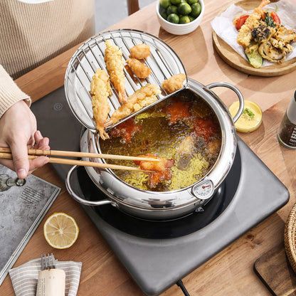 Deep Fryer Pot (°F), Japanese Tempura Small Deep Frying Pot with Fahrenheit Thermometer, 304 Stainless Steel Deep Fryer with Oil Draining Rack for Tempura chips, Fries, Fish, and Chicken